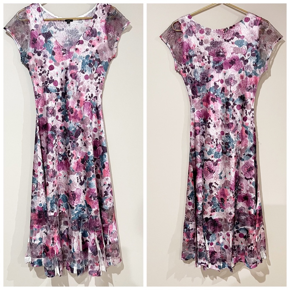 Komarov Dress Crinkle Midi Pleated Watercolor Cool Tone Dress - Picture 1 of 9